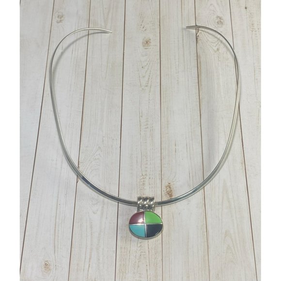 Vintage 925 Choker Necklace Multi Gemstone Pendant Modernist 15 inches - Picture 5 of 7